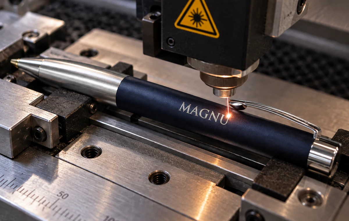 Laserové gravírovanie pera MAGNUS počas procesu značenia