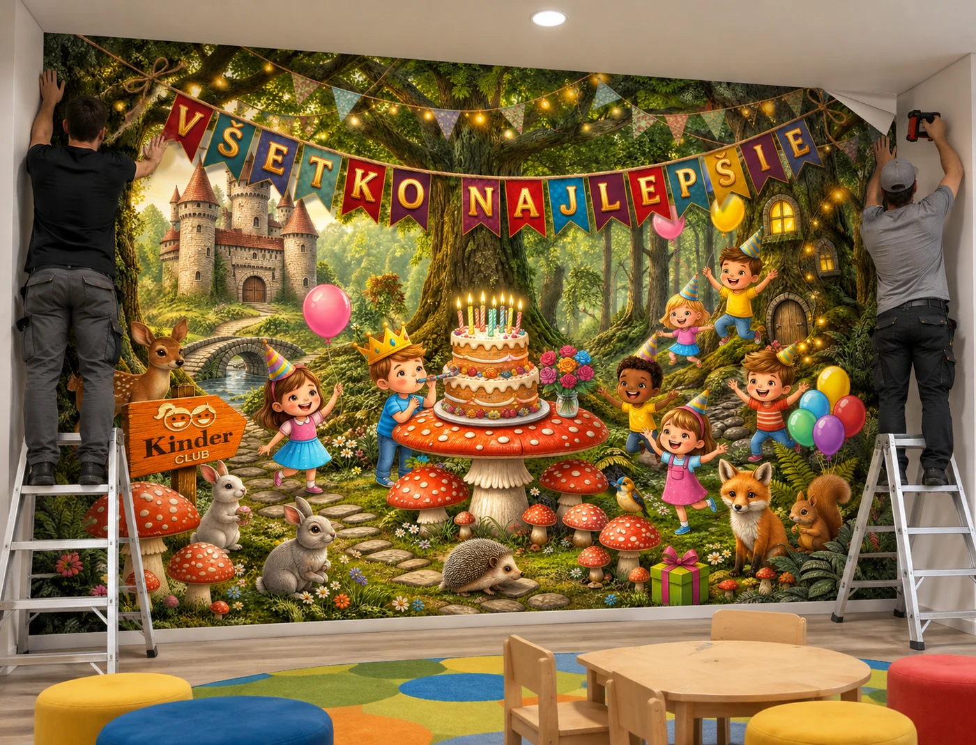 Montáž veľkoplošnej nástennej grafiky v detskej herni Kinder club – grafický návrh a realizácia