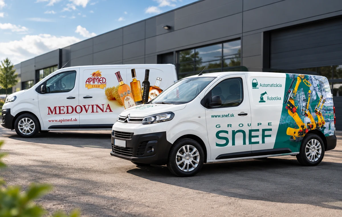Polep firemných automobilov klientov APIMED a SNEF – grafická príprava a realizácia polepu SNEF