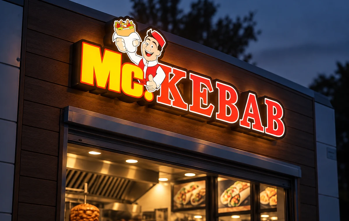 Svetelná reklama McKebab na stánku rýchleho občerstvenia – realizácia